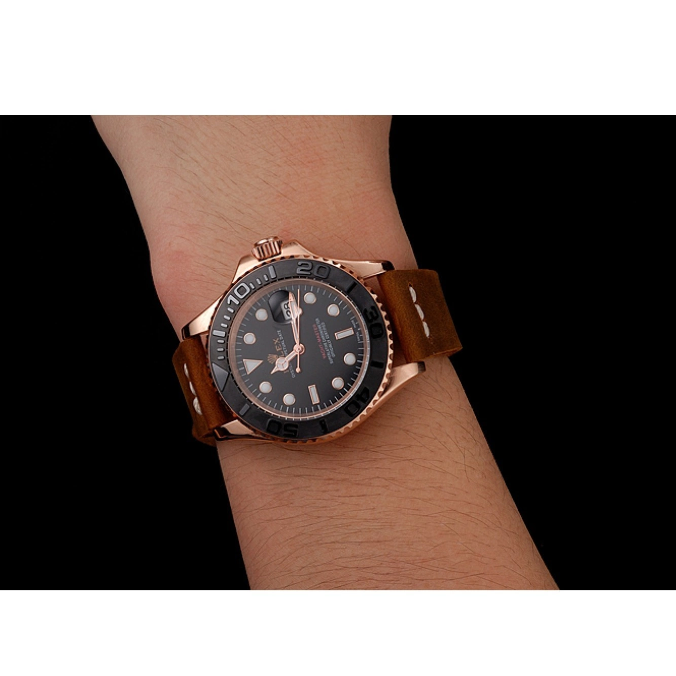 Aaa replica watch Bracelet Master Gold Brown 1453861 Case Dial Rose Leather Rolex Black Yacht 0602